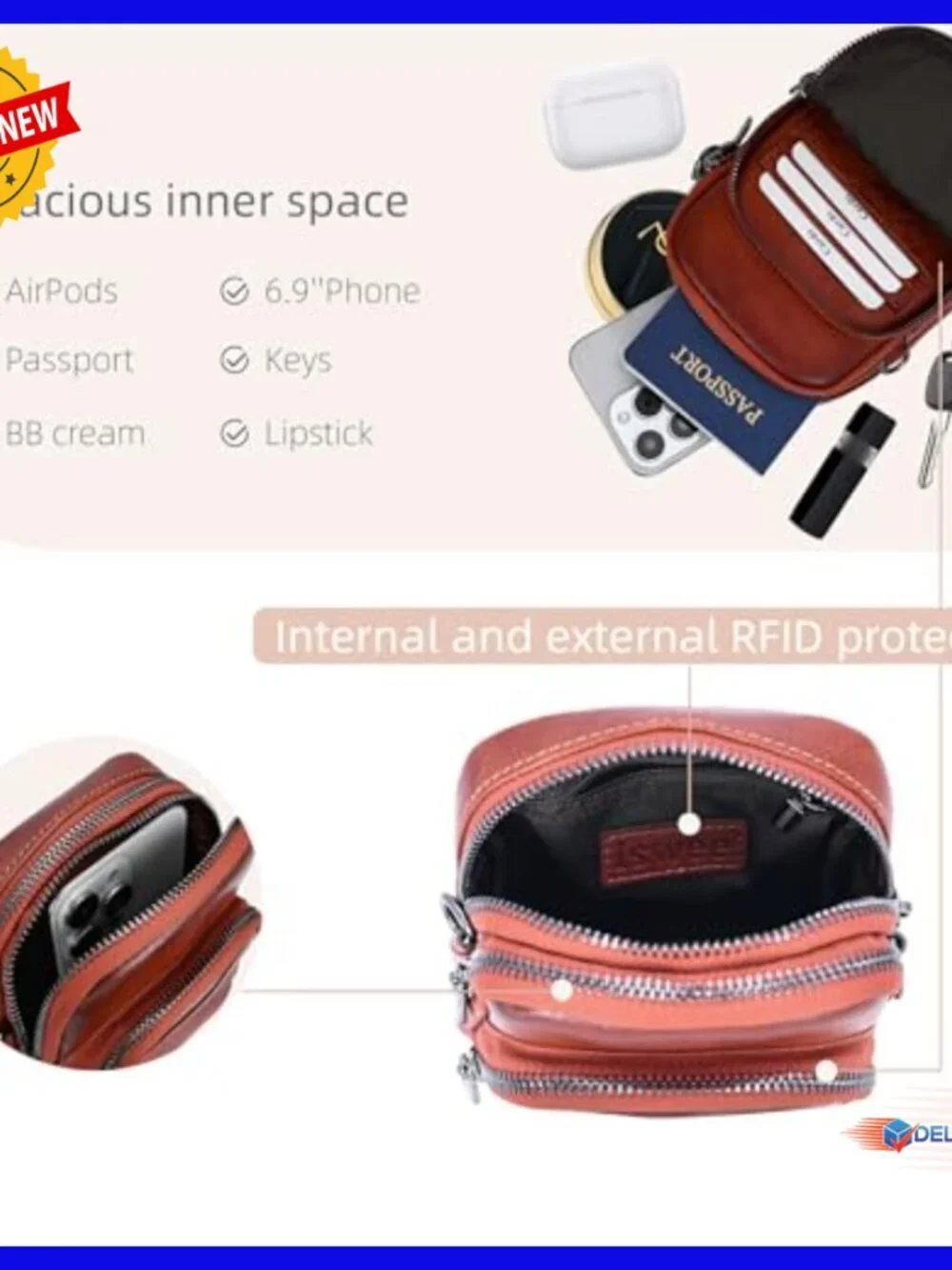 Genuine Leather Crossbody Bag with RFID, Adjustable Strap, 3 Zippered